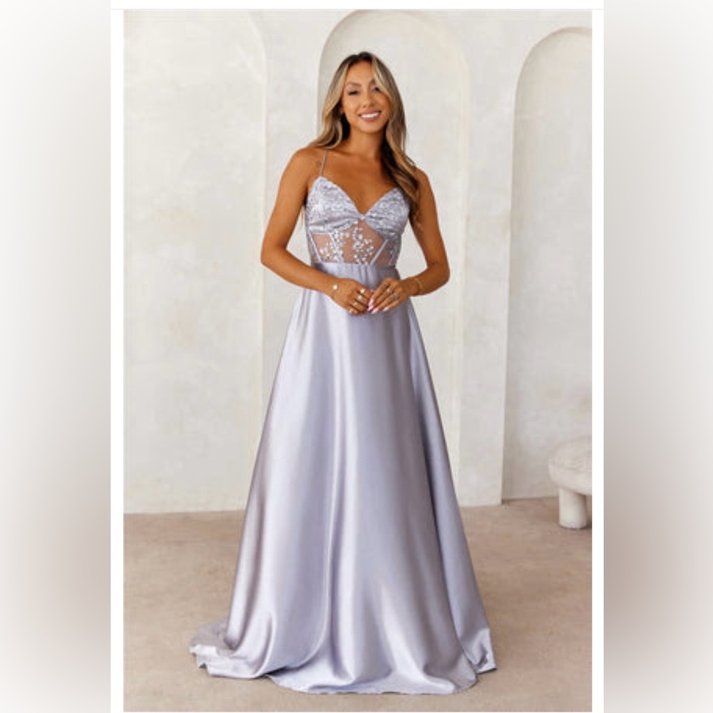 Hello Molly Lilac Satin Lace Bodice Prom Gown